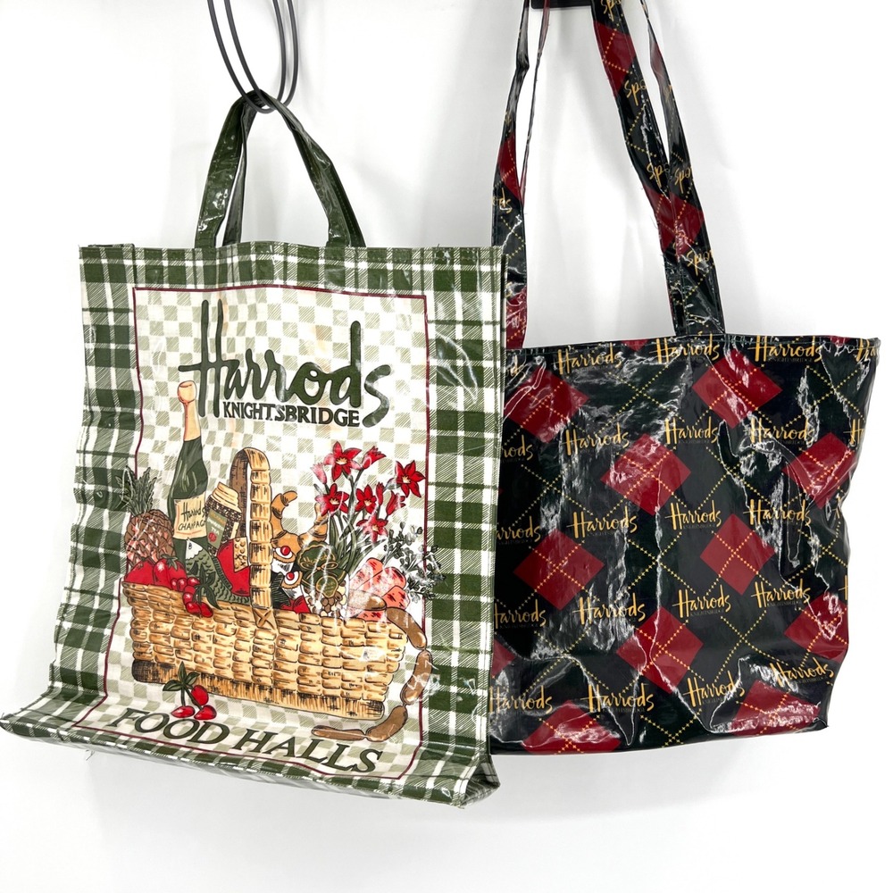 TWO vintage Harrods Knightsbridge London Coated Canvas Tote Bags Argyle Plaid